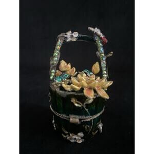 Vintage Floral Bucket Crystal Collectible Gift Trinket Jewelry Box